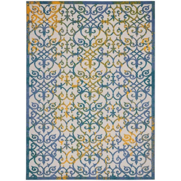 Aloha Ivory Blue 8 ft. x 11 ft. Floral Contemporary Indoor/Outdoor Patio Area Rug