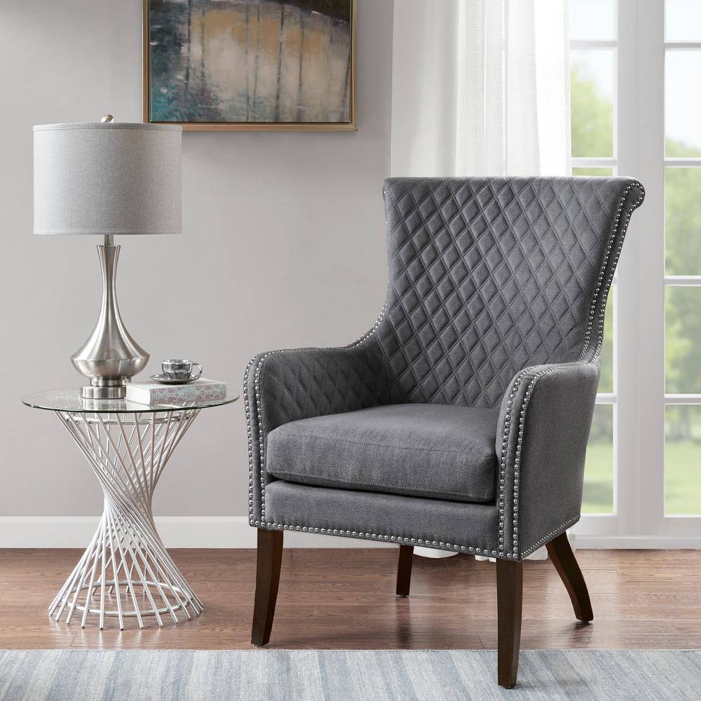 Gray Quilted Wood Traditional Accent Chair