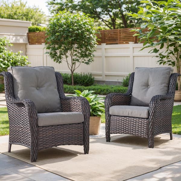 Arcline Patio Brown Wicker Outdoor Lounge Chair with Gray Cushions and rest (2-Pack)