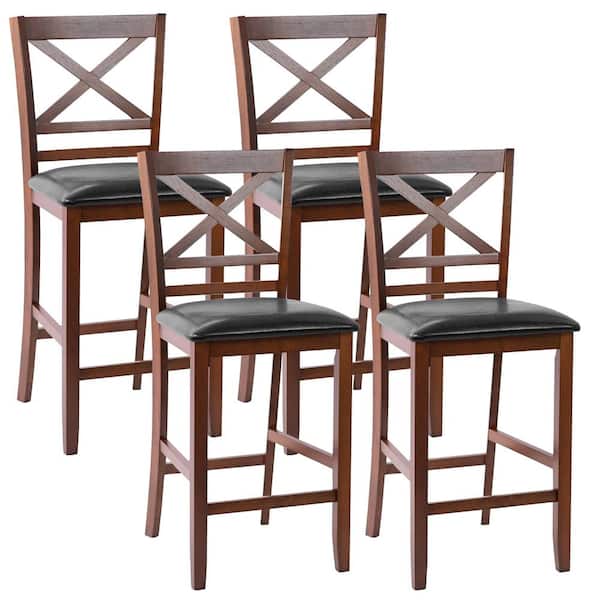 Costway 39 in. Walnut Low Back 25'' Counter Height Chairs Bar Stools w/PU Leather Seat (Set of 4 )