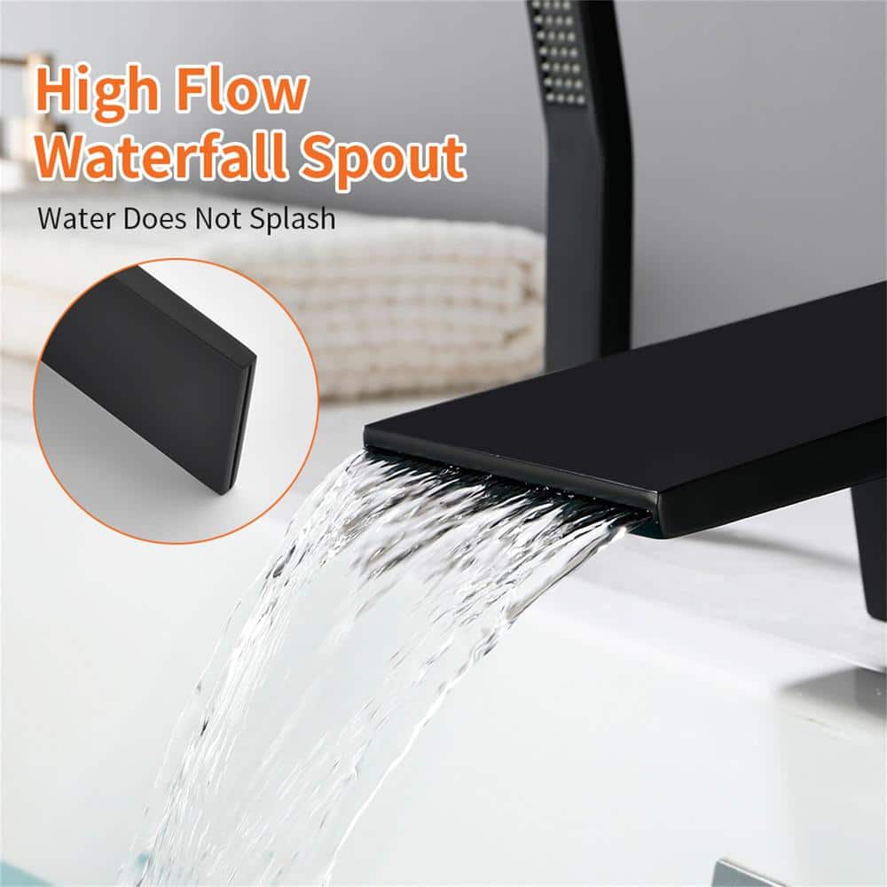 Matte Black Brass Waterfall Tub Faucet with Hand Shower