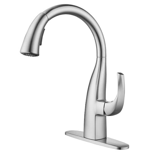 WOWOW Single Handle Deck Mount Gooseneck Pull Down Sprayer Kitchen Faucet in Brushed Nickel