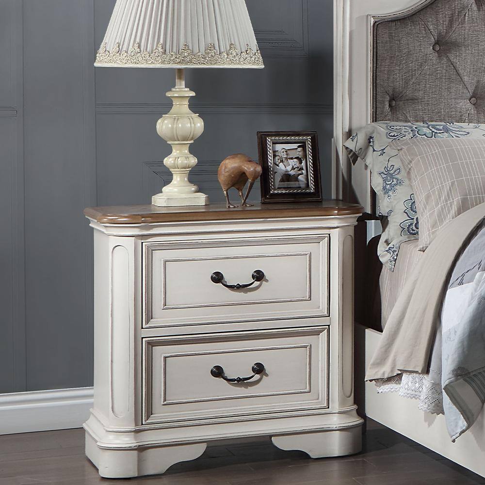 Florian Antique White and Oak 2-Drawer Wooden Nightstand