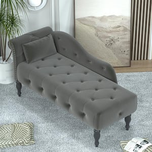 Gray Velvet Right Arm Chaise Lounge with Button Tufted