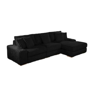 Roger 72 in. Straight Arm 3-Piece Velvet L Shape Reversible Sectional Sofa In Onyx Black With 2 Cupholder And 2 USB Port