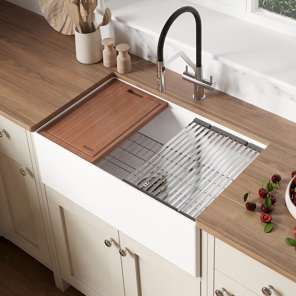 Fiore 30 in. Apron-Front Farmhouse Single Bowl White Fireclay Kitchen Sink and with Workstation Accessories