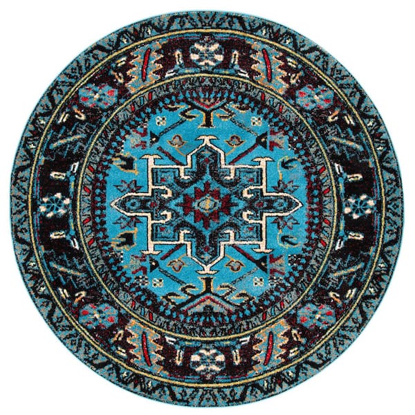 Vintage Hamadan Light Blue/Black 3 ft. x 3 ft. Floral Border Round Area Rug