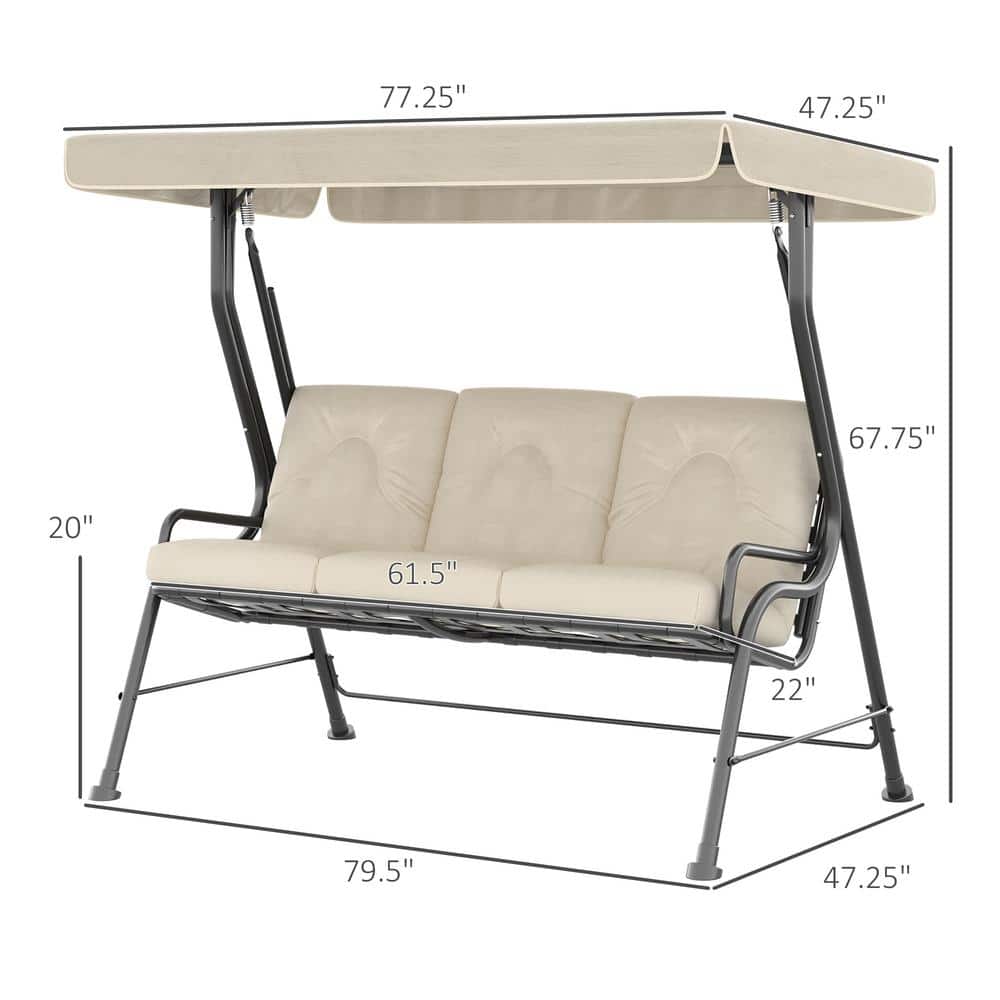 Cream White 3-Person Steel Frame Patio Swing with Adjustable Canopy