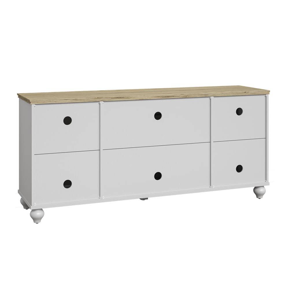 Vintage White and Oak 60" TV Stand with Carved Cabinet Doors