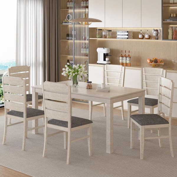 Gray Wood Dining Table Set with Cushioned Chairs-7-Piece Modern Farmhouse Kitchen & Dining Room Table Set for 6