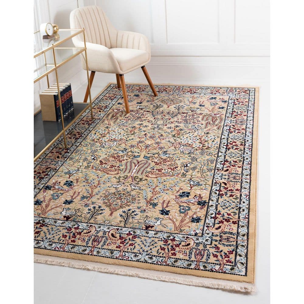 Beige Rectangular Synthetic Easy-Care Stain-Resistant Rug
