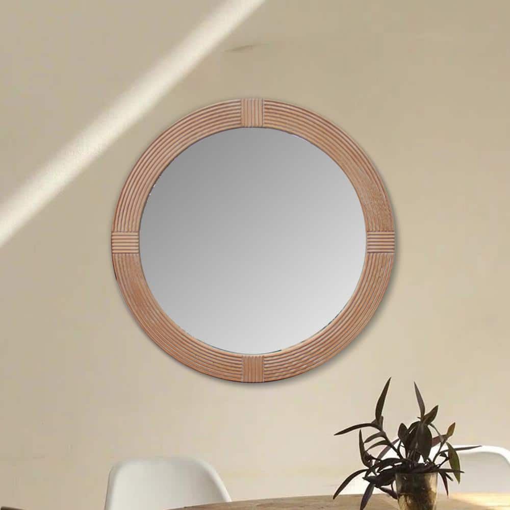 31.5" Round Natural Wood Framed Decorative Mirror