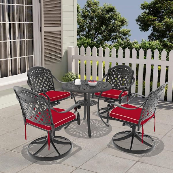 Isabella 5-Piece Cast Aluminum Patio Outdoor Dining Set with Round Dining Table, 4 Swivel Chairs and 4 Red Cushions