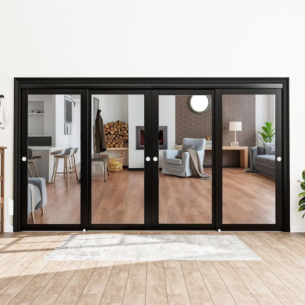 144 in., x 80 in., 1 Lite Mirror Glass Black Finished MDF Interior Closet Sliding Door with Hardware and Handles