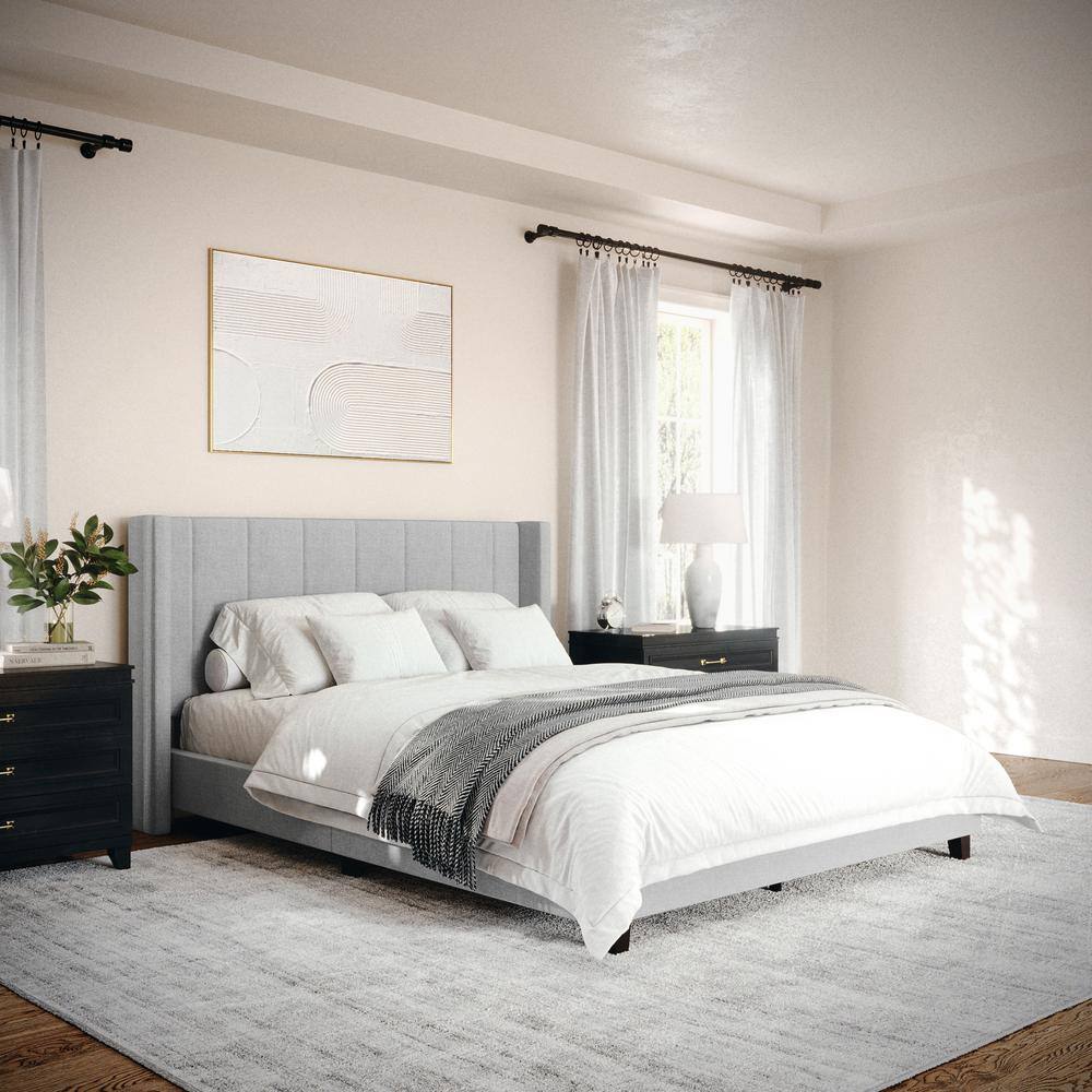 Gray Queen Upholstered Platform Bed with Linen Wingback Headboard
