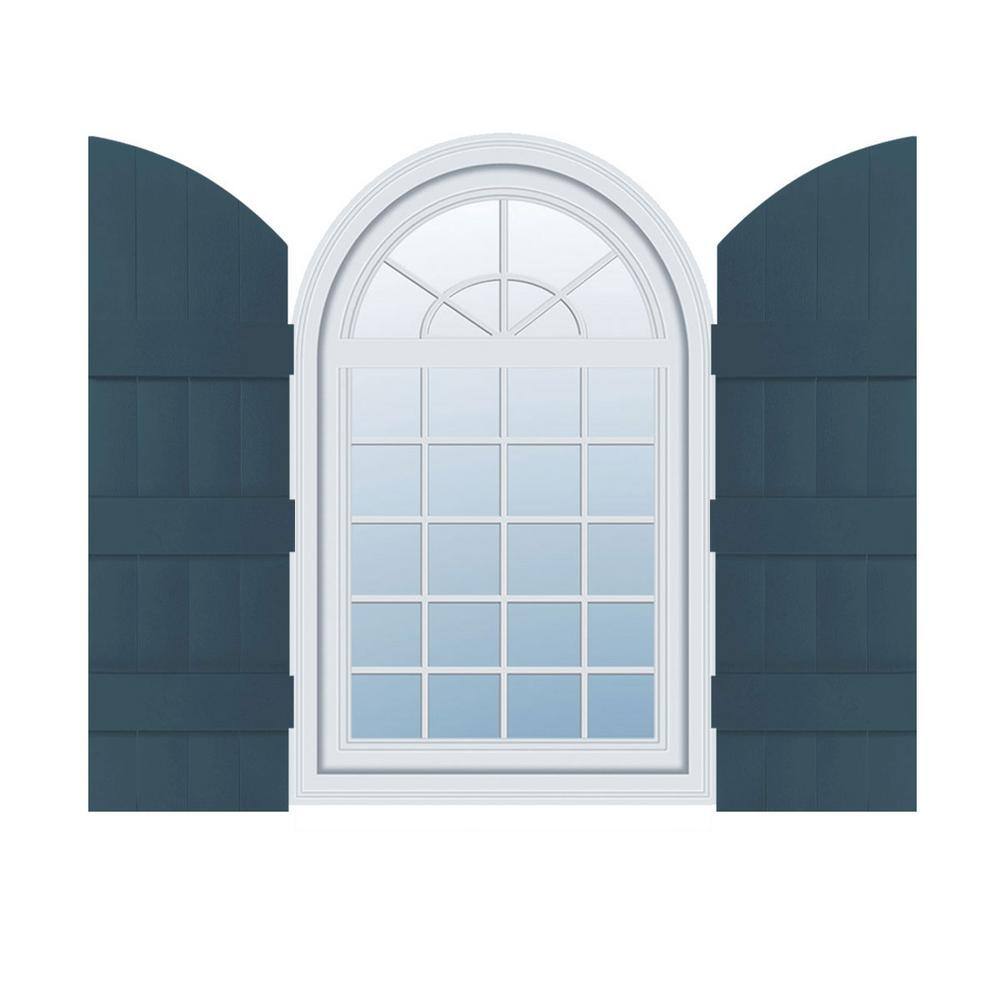 14 in. W x 69 in. H Vinyl Exterior Arch Top Joined Board and Batten Shutters Pair in Classic Blue