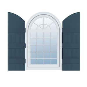 14 in. W x 89 in. H Vinyl Exterior Arch Top Joined Board and Batten Shutters Pair in Classic Blue