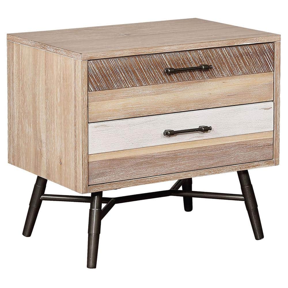 Marlow Rough Sawn Multi 2-Drawer Nightstand with Black Metal Legs