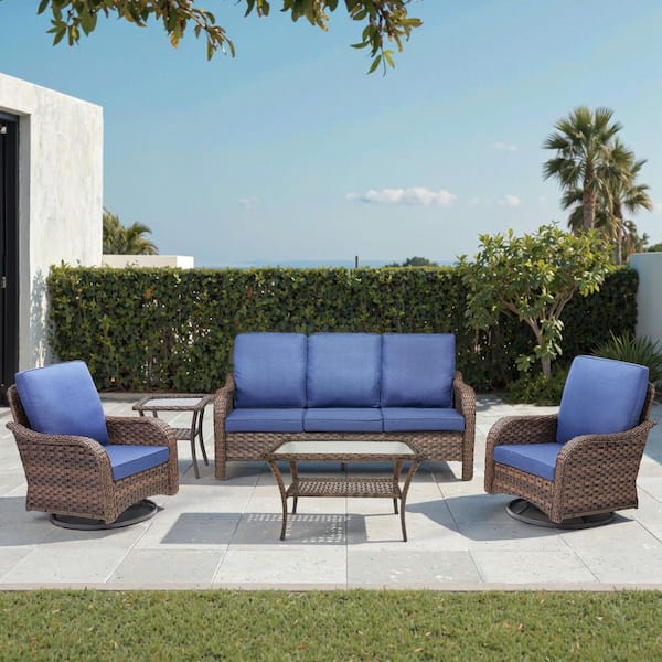 5-Piece Wicker Patio Conversation Set Rocking Chair Swivel Glide for Garden with Blue Cushions and Side Table