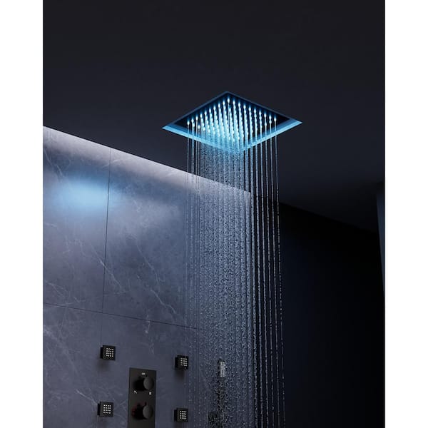 5-Spray Pattern w/ 12 in. Square Ceiling Mount 64-LED Dual Showerhead Fixed Handheld Shower Head in Matte Black 2.5 GPM