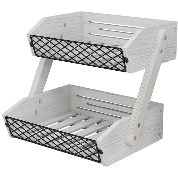 1 Piece Rustic 2-Tier Fruit Basket Set, Durable Wooden Countertop Organizer for Fresh Produce Display in White