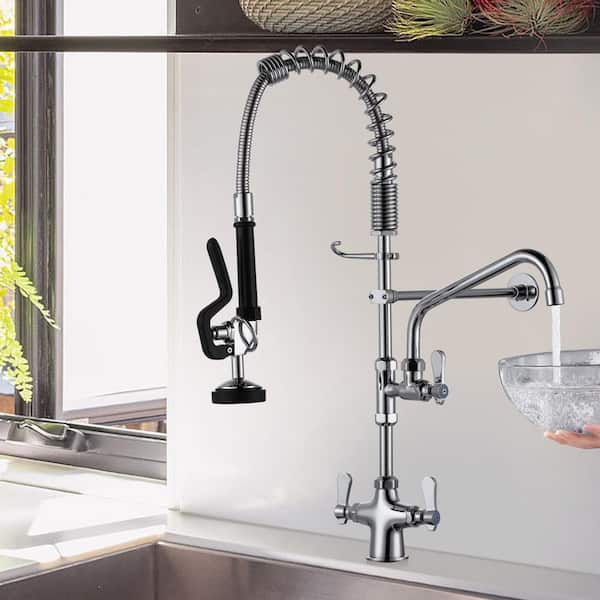 Triple Handle Pull Down Sprayer Kitchen Faucet with Advanced Spray and Pre Rinse Sprayer in Polished Chrome