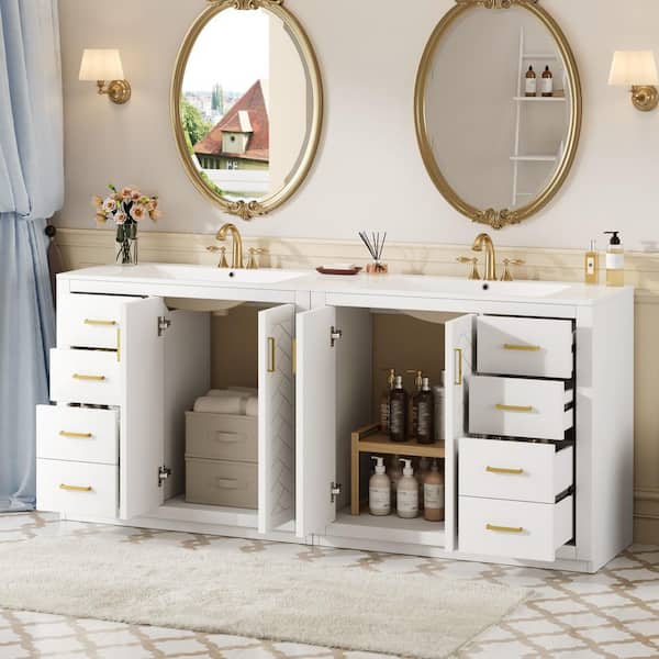 72 in. Double Sink Freestanding White Bath Vanity with White Ceramic Top