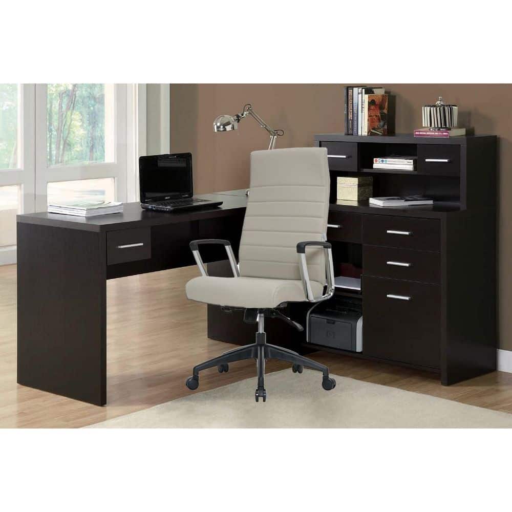 Tan Leather High-Back Swivel Modern Office Chair with Metal Base