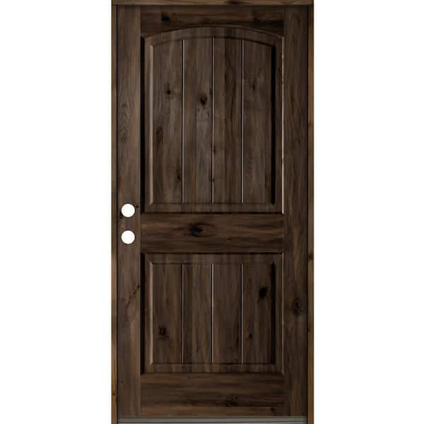 Krosswood Doors 30 in. x 80 in. Rustic Knotty Alder 2 Panel Arch Top V-Groove Right-Hand/Inswing Black Stain Wood Prehung Front Door