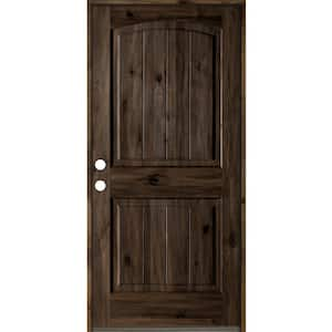 32 in. x 80 in. Rustic Knotty Alder 2 Panel Arch Top V-Groove Right-Hand/Inswing Black Stain Wood Prehung Front Door