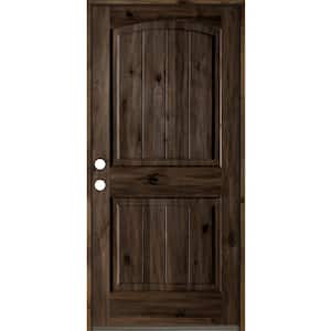 36 in. x 80 in. Rustic Knotty Alder 2-Panel Arch Top V-Groove Right-Hand/Inswing Black Stain Wood Prehung Front Door