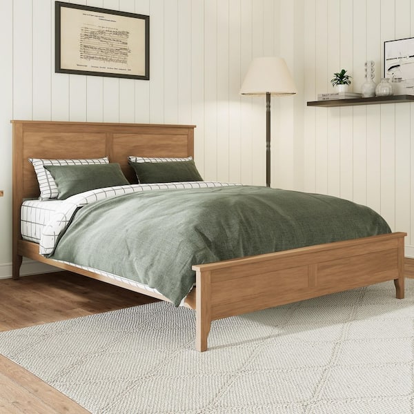 Natural Oak/Brown Wood Frame Full Size Platform Bed with Sturdy Wooden Slats Support
