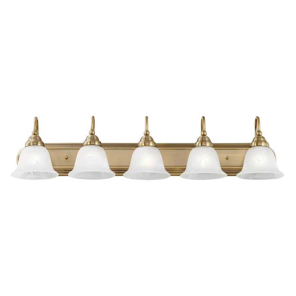 Antique Brass 36" 5-Light Vanity with Alabaster Glass
