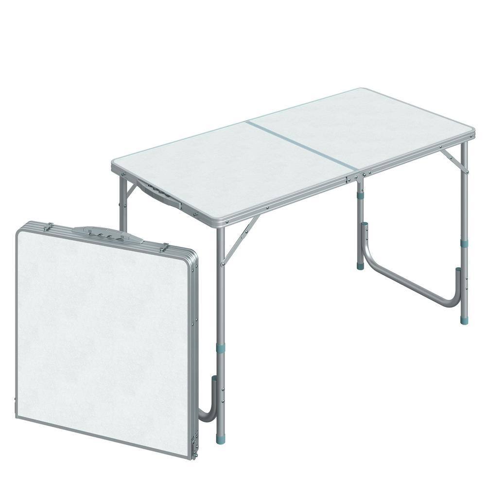 White rectangular folding aluminum picnic table shown both open and folded.