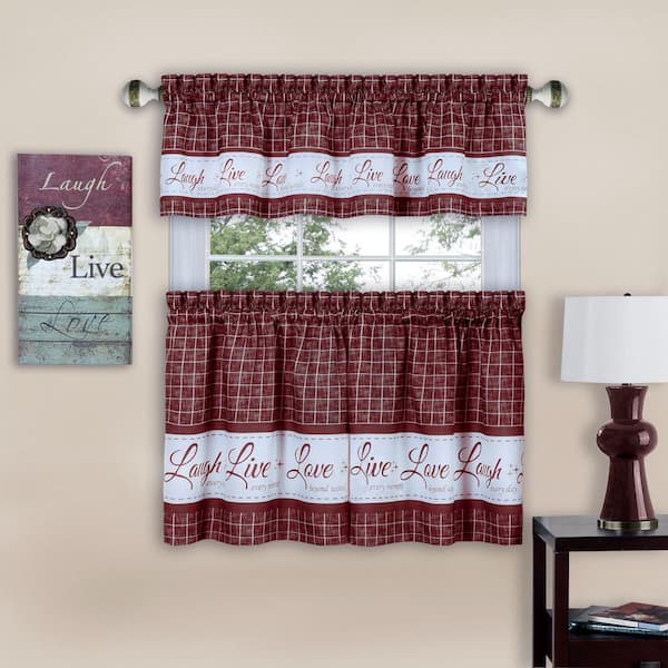 ACHIM Live, Love, Laugh Burgundy Polyester Light Filtering Rod Pocket Tier and Valance Curtain Set 58 in. W x 24 in. L