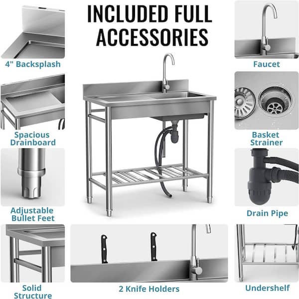 39.3 in. Stainless Steel 1 Compartment Commercial Utility Kitchen Sink with Faucet