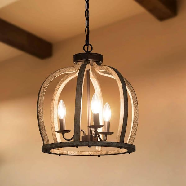 LNC Pumpkin Wood Cage Chandelier Farmhouse 3-Light Brown Pendant Light Dining Room Hanging Lantern with Bronze Candlestick