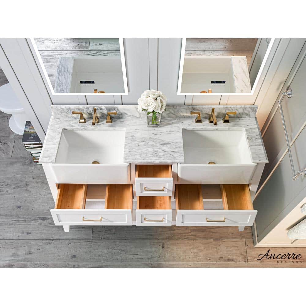 Hayley 60" White Farmhouse Double Basin Wood Vanity Set