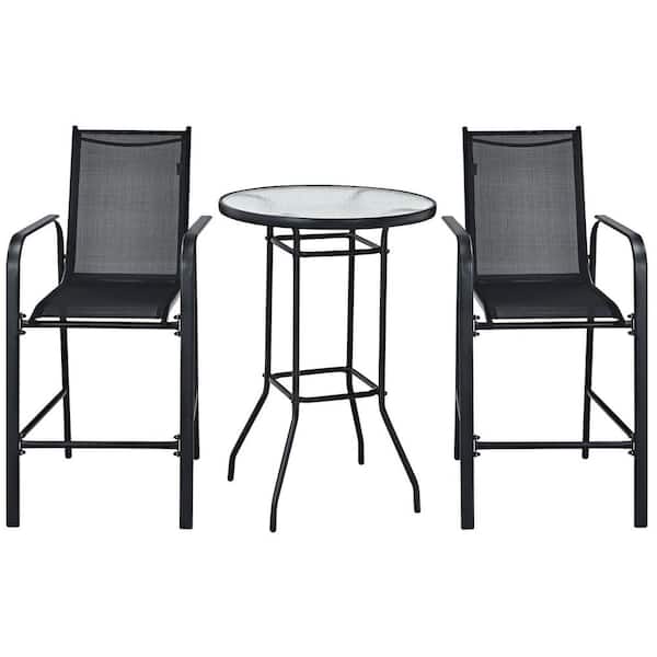 3 PCS Metal Round Table 38" Outdoor Bistro Patio Bar Table Stool Set Height Tempered Glass Top