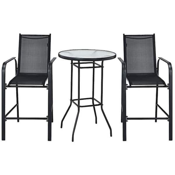 Costway 3 PCS Metal Round Table 38" Outdoor Bistro Patio Bar Table Stool Set Height Tempered Glass Top