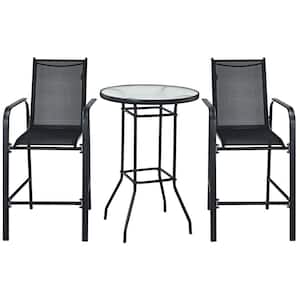 3 PCS Metal Round Table 38" Outdoor Bistro Patio Bar Table Stool Set Height Tempered Glass Top