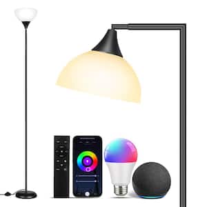 76 in. Black Smart RGB Dimmable Torchiere Floor Lamp Pole Rotary 90° with Remote & APP Control