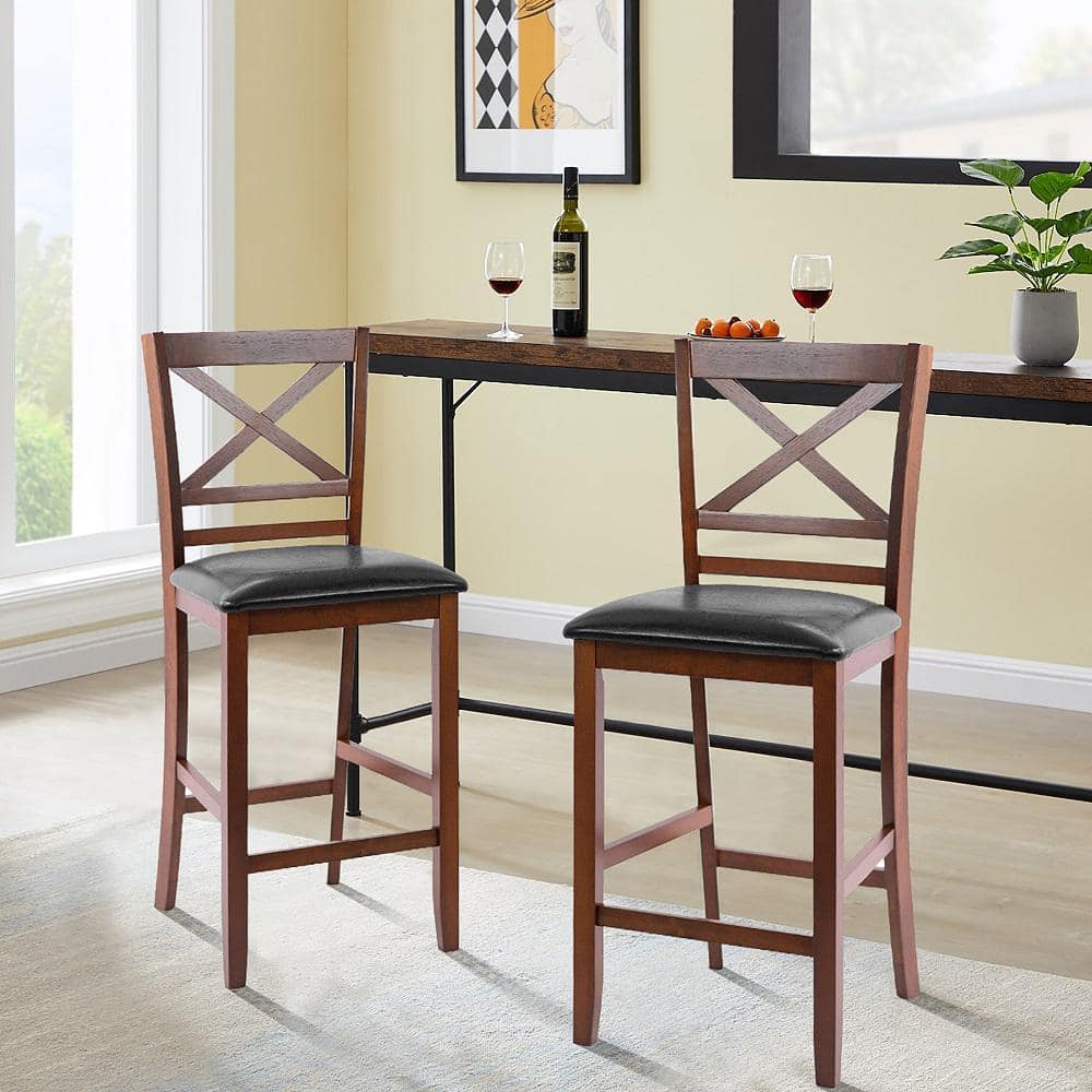 Walnut and Black 25" Wooden Bar Stools with PU Leather Seat, Set of 2
