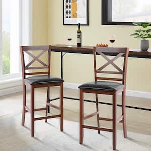 Bar Stools 25 in. Counter Height Chairs with PU Leather Seat Walnut (Set of 2)