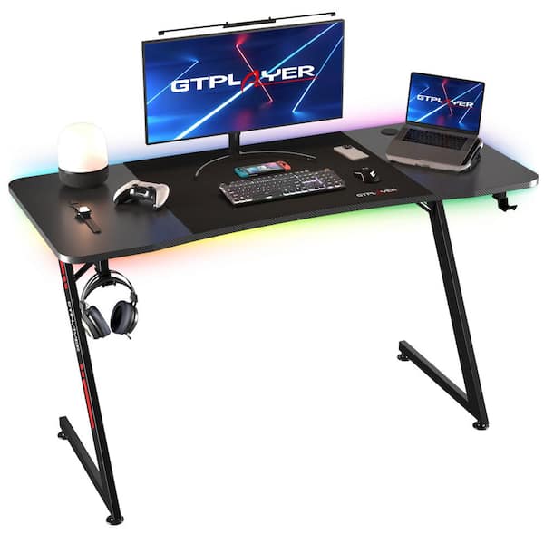 ComHoma 55 in. RGB Gaming Desk Black Z-Shaped Computer Desk Ergonomic Spacious Work Surface Table