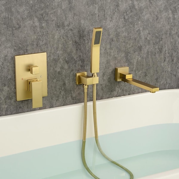 Square Single-Handle Wall Mount Roman Tub Faucet with Swivel Tub Spout and Rough-In Valve in Brushed Gold