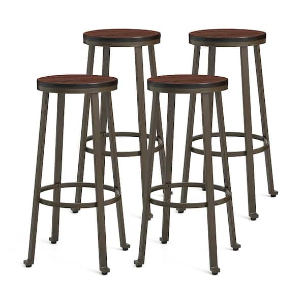 Glitzhome 29.25 in. H Rustic Steel Bar Stool with Round Elm Wood Top (Set of 4)