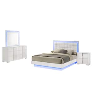 Elma 4-Piece White Lacquer Faux Leather Wood Frame Eastern King Platform Bedroom Set With LED