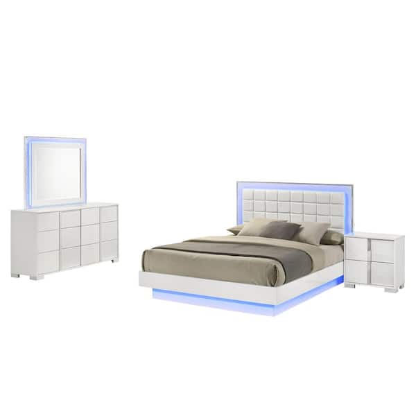 Best Quality Furniture Elma 4-Piece White Lacquer Faux Leather Wood Frame Queen Platform Bedroom Set With LED