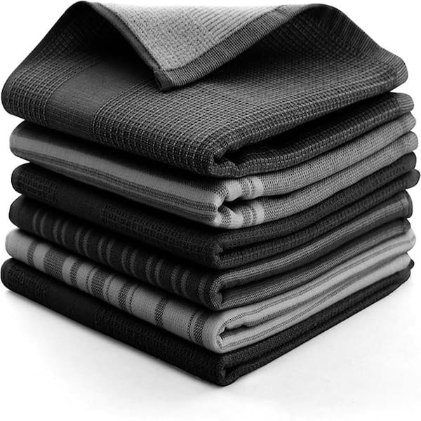 LDC 6 Piece Kitchen Towels Set Striped Pattern 16 x 26 Soft, and Durable 100% Cotton for Cleaning, Drying (Black)